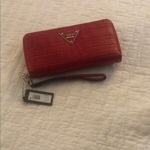 GUESS Red Croc-Embossed Zip-Around Wristlet with Gold Logo